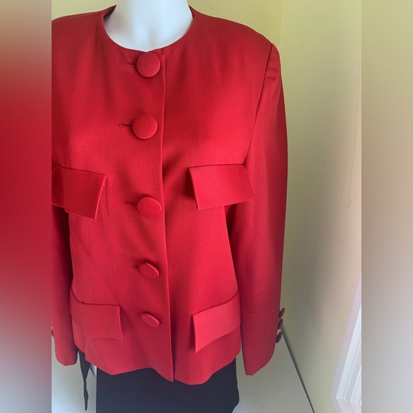 Bright red blazer jacket custom tailored collarless button-down pocket heads L - Picture 6 of 15